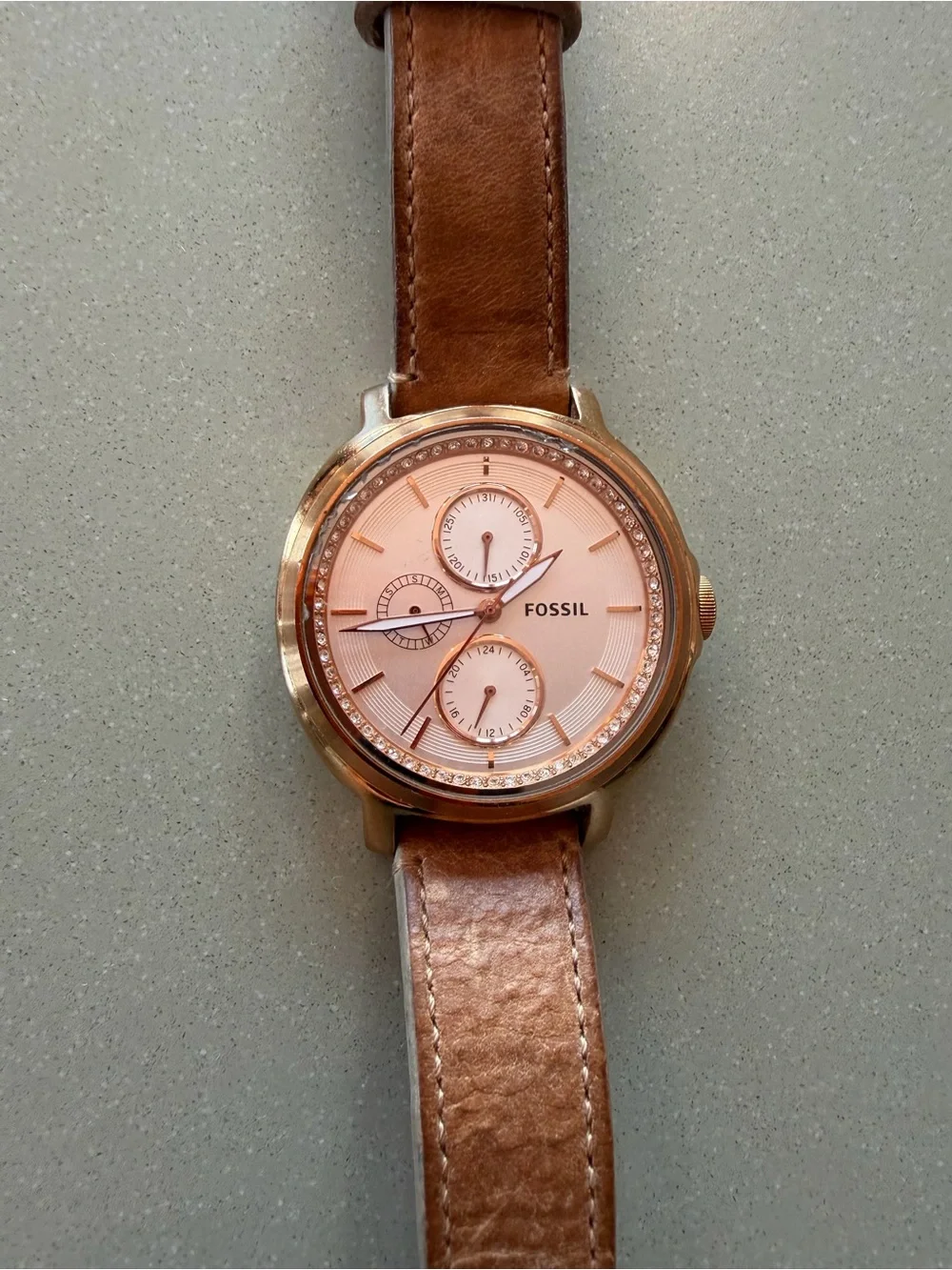 Fossil Chelsea Rose Gold Dial Brown Leather Strap Watch